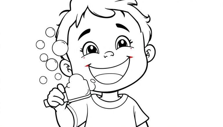 A happy boy in a black and white color panel, splashing with a sponge and bubbles.