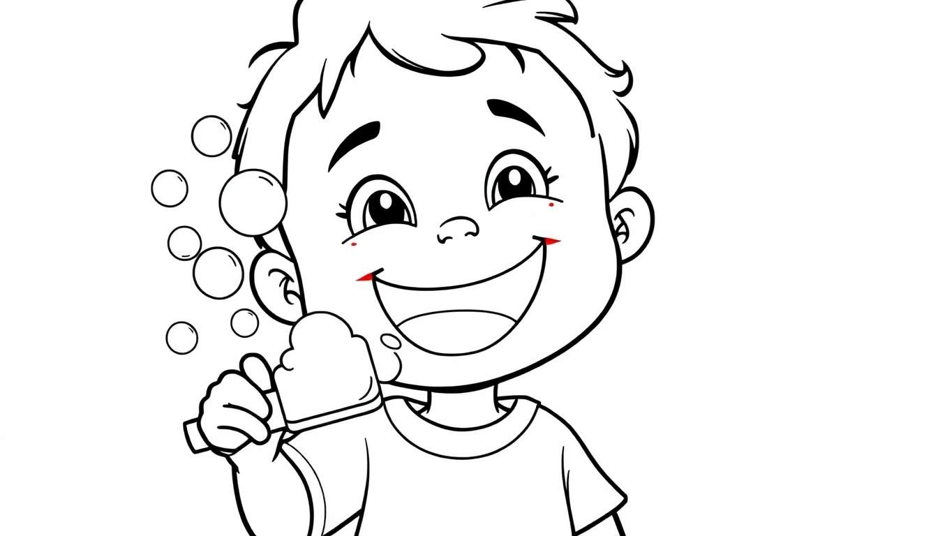 A happy boy in a black and white color panel, splashing with a sponge and bubbles.