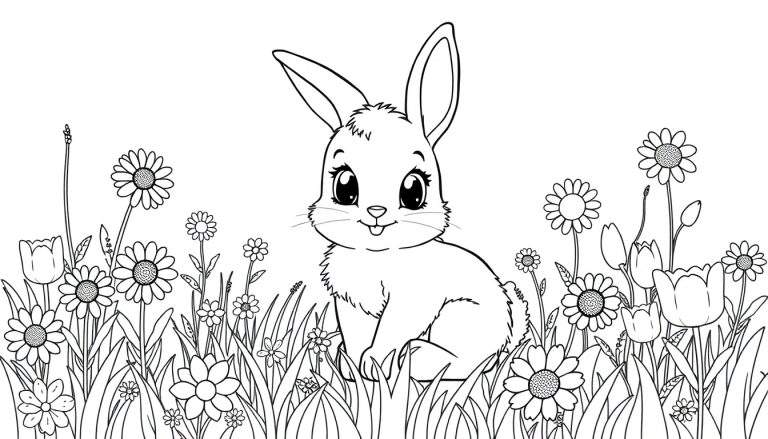 A cute baby bunny in a field of blooming flowers, ready for coloring! Black and white line art color panel.