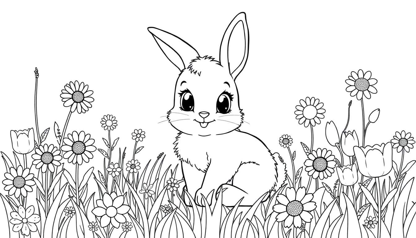 A cute baby bunny in a field of blooming flowers, ready for coloring! Black and white line art color panel.