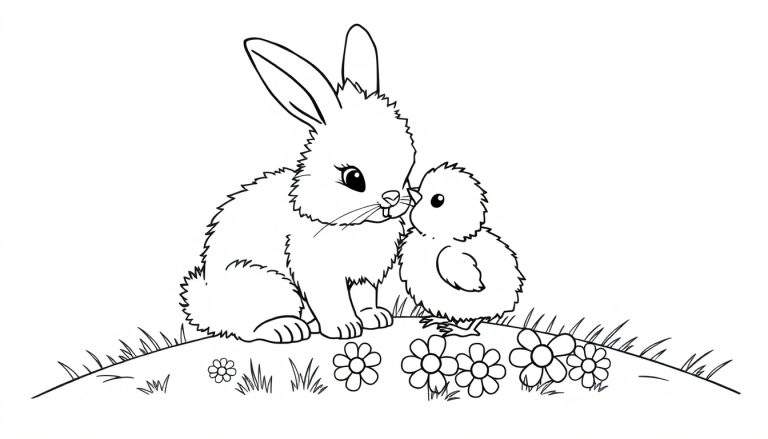 A fluffy bunny and a chick on a grassy hill, ready for coloring fun. A black and white outline illustration for a color panel.