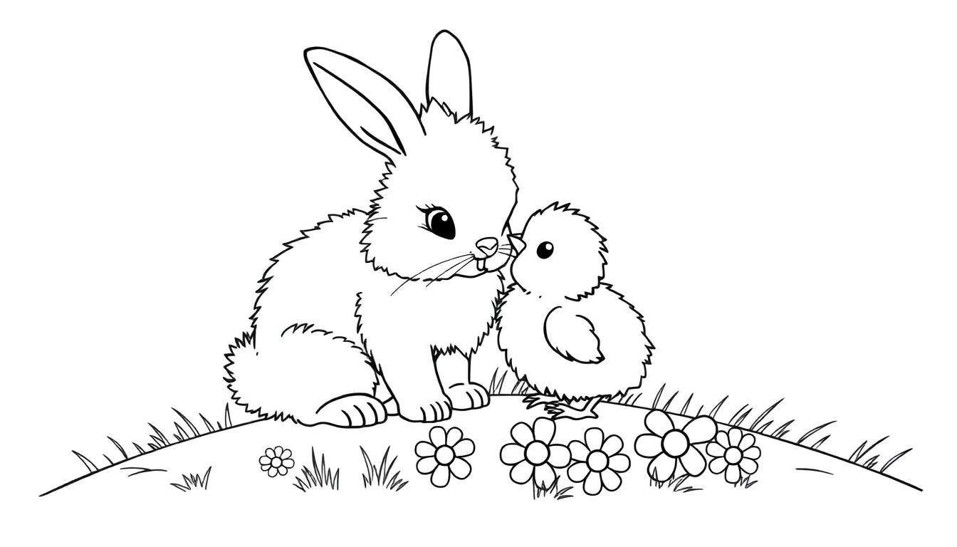 A fluffy bunny and a chick on a grassy hill, ready for coloring fun. A black and white outline illustration for a color panel.