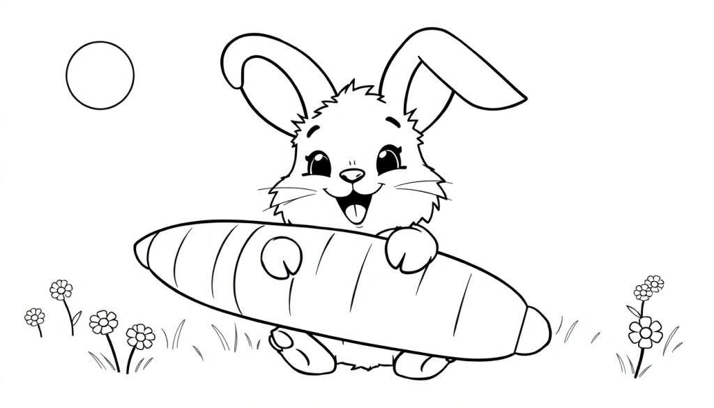 A black and white cartoon drawing of a bunny holding a giant carrot, ready for a color panel.