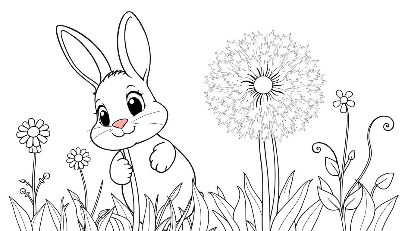 A cute bunny peeking from behind a giant flower in a whimsical garden, ready for coloring. This color panel awaits your creativity!