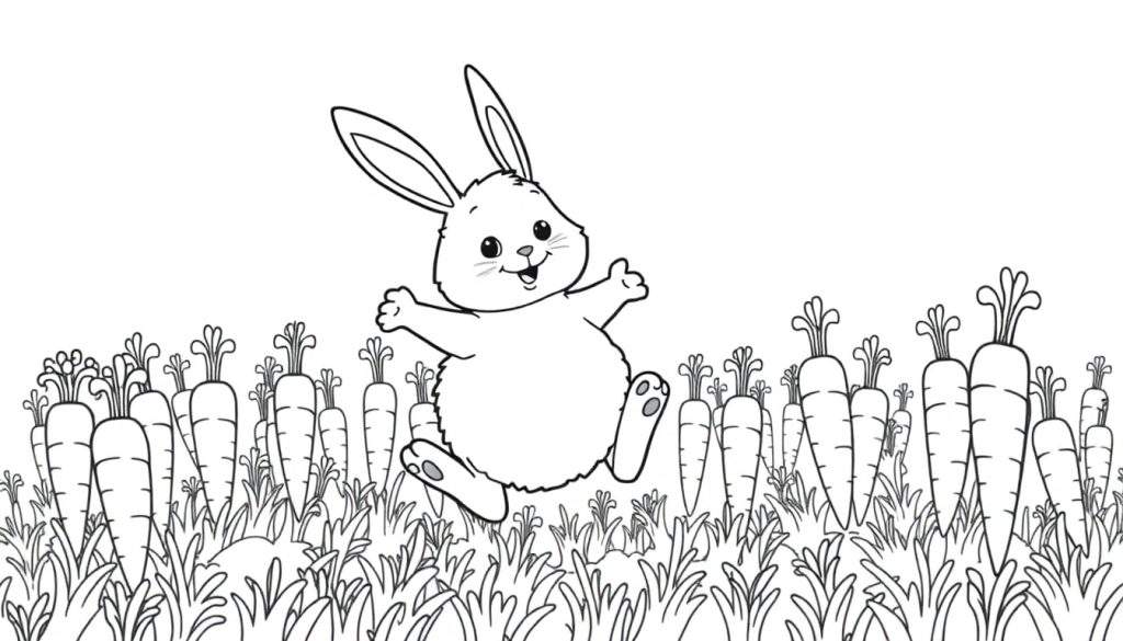A happy bunny joyfully jumping over a field of carrots, ready for a color panel.