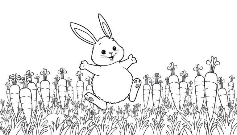 A happy bunny joyfully jumping over a field of carrots, ready for a color panel.