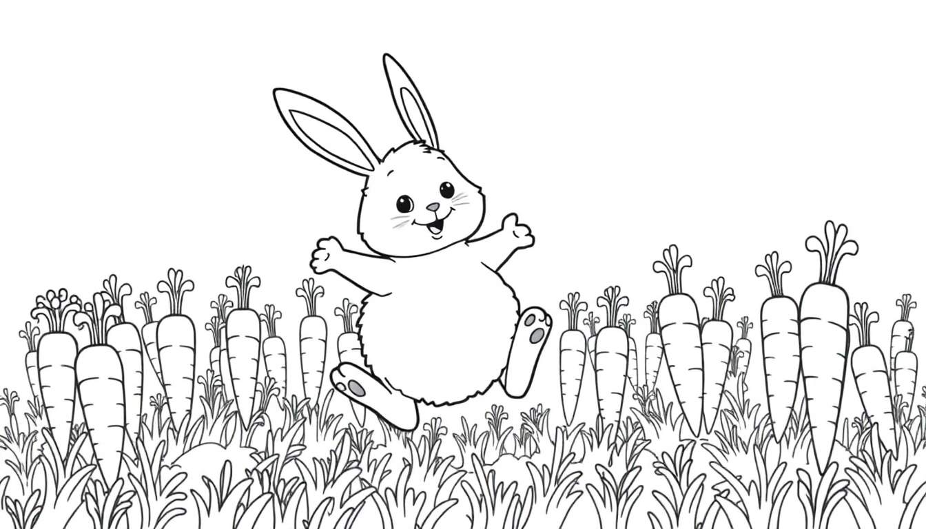 A happy bunny joyfully jumping over a field of carrots, ready for a color panel.