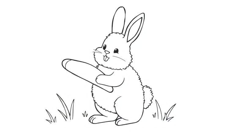 A cute cartoon bunny holding a carrot, ready for a coloring panel.