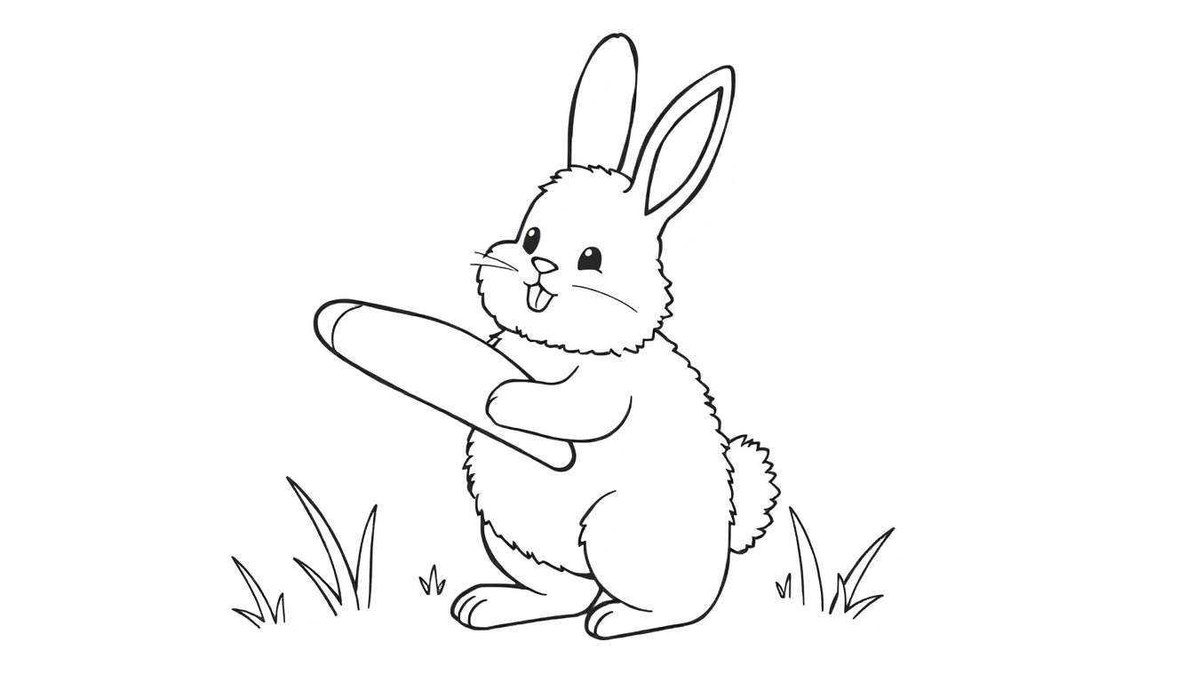 A cute cartoon bunny holding a carrot, ready for a coloring panel.