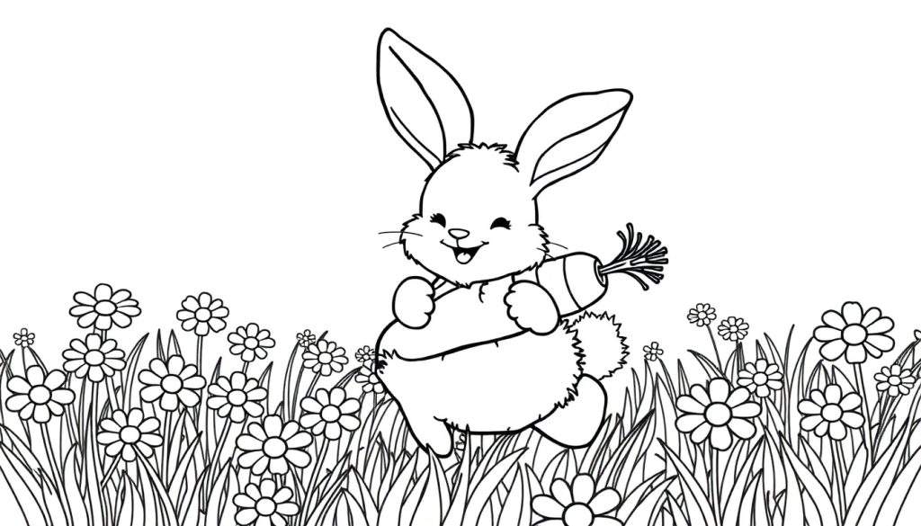 A cute bunny with long ears holding a carrot in a field of flowers, a black and white color panel.