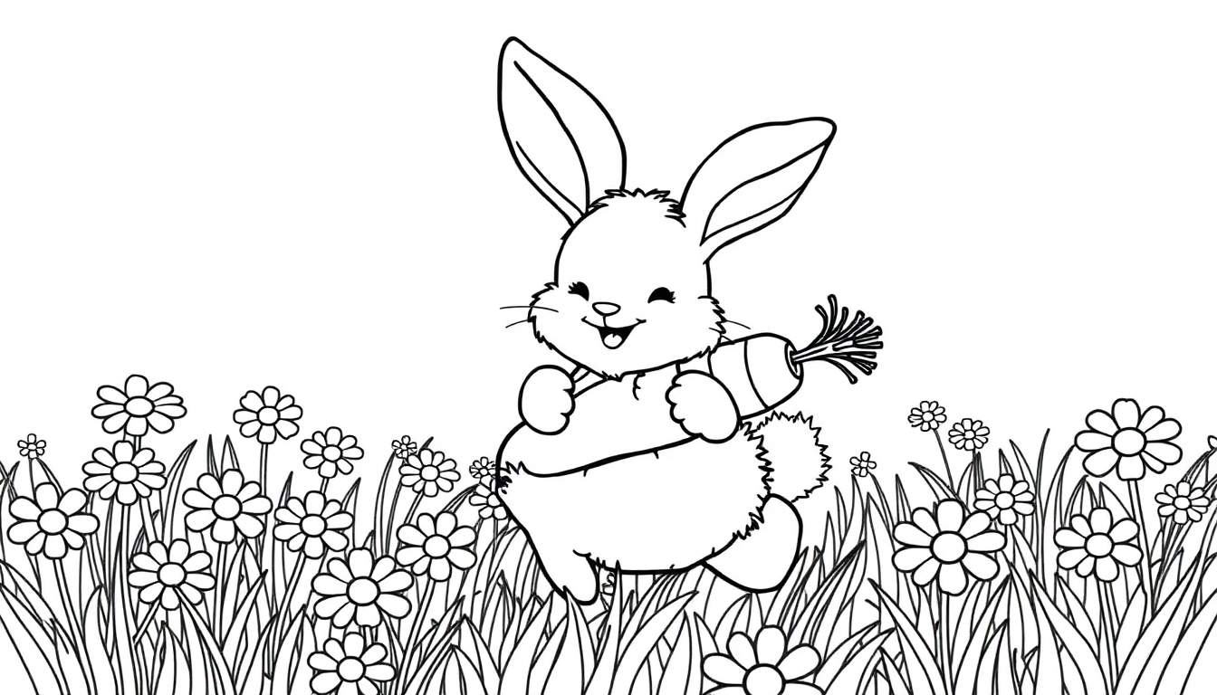 A cute bunny with long ears holding a carrot in a field of flowers, a black and white color panel.