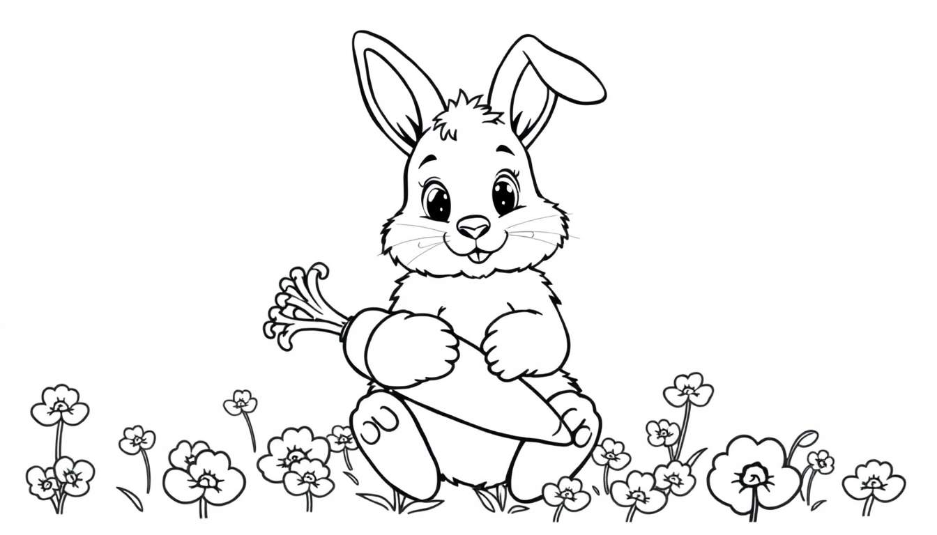 A cute black and white bunny with big eyes sits in a field of flowers, holding a carrot. Ready for your color panel!