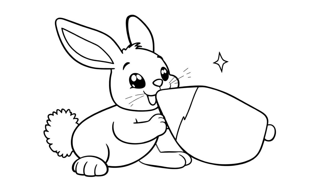 A black and white cartoon bunny holding a broken Easter egg, ready for a color panel.