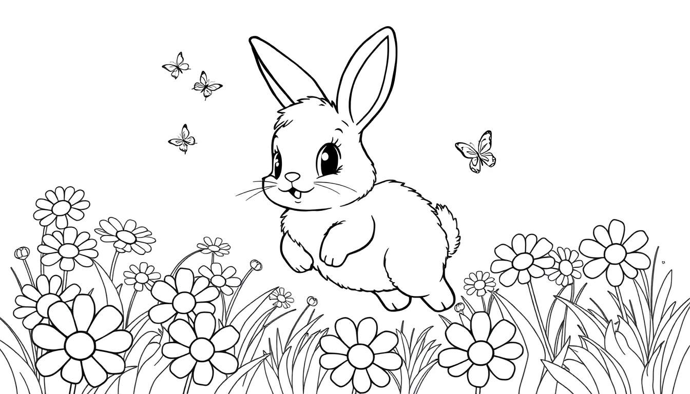 A black and white line drawing of a bunny hopping through a field of flowers and butterflies, a perfect color panel for kids.