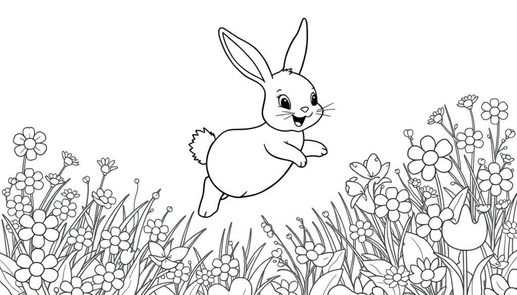 A black and white line art bunny hopping through a flower garden, ready for a color panel.
