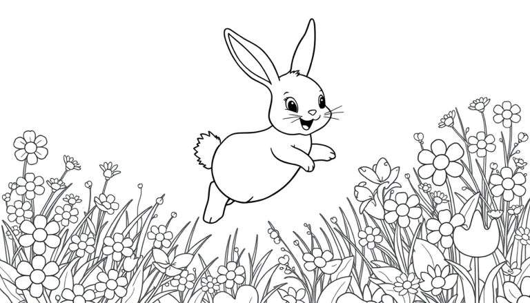 A black and white line art bunny hopping through a flower garden, ready for a color panel.