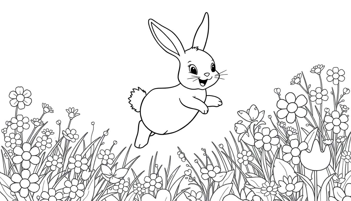A black and white line art bunny hopping through a flower garden, ready for a color panel.