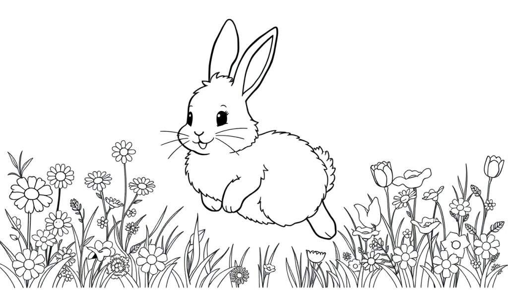 A black and white line drawing of a bunny in a flower field, ready for coloring. This color panel is a springtime delight.