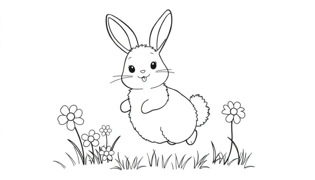 A cute cartoon bunny with big ears and a tongue sticking out, standing in a field of flowers, ready for a color panel.