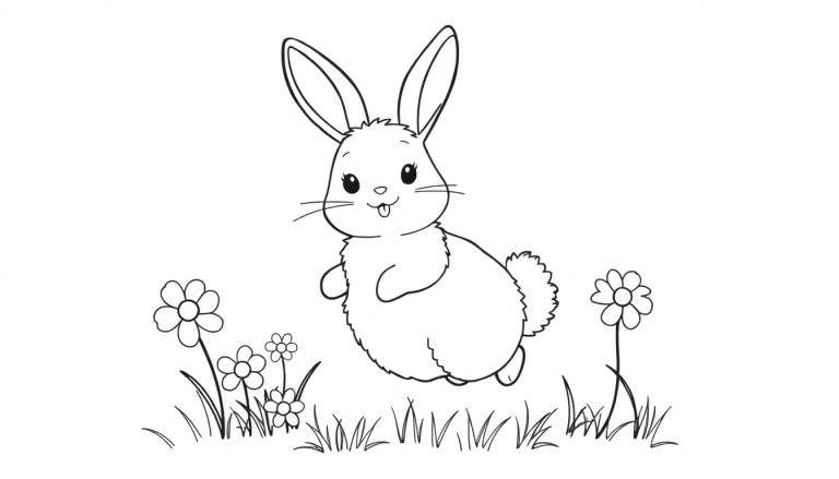 A cute cartoon bunny with big ears and a tongue sticking out, standing in a field of flowers, ready for a color panel.