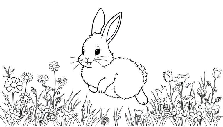 A black and white line drawing of a bunny in a flower field, ready for coloring. This color panel is a springtime delight.