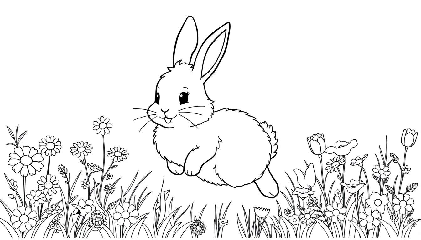 A black and white line drawing of a bunny in a flower field, ready for coloring. This color panel is a springtime delight.