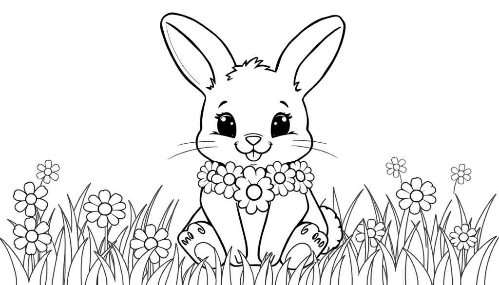 A cute bunny with a flower garland coloring panel.