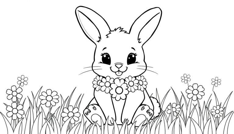 A cute bunny with a flower garland coloring panel.