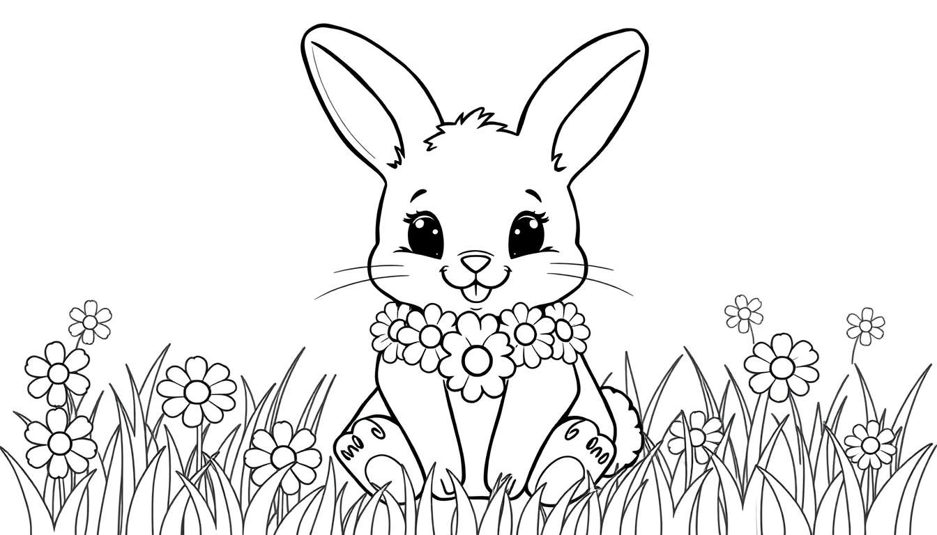 A cute bunny with a flower garland coloring panel.