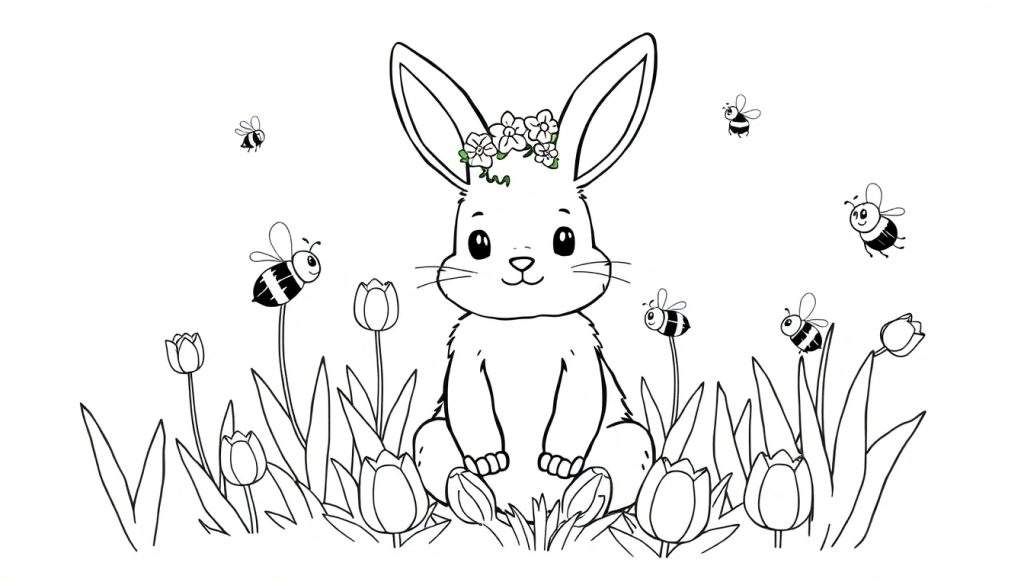 A cute bunny wearing a flower crown sits in a field of tulips with bees, ready for coloring. This color panel is a fun printable.
