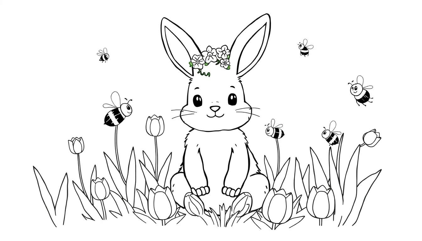 A cute bunny wearing a flower crown sits in a field of tulips with bees, ready for coloring. This color panel is a fun printable.