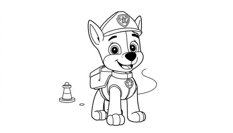 A black and white Paw Patrol color panel of Chase sitting down, wearing his police uniform, and smiling with a cone beside him.