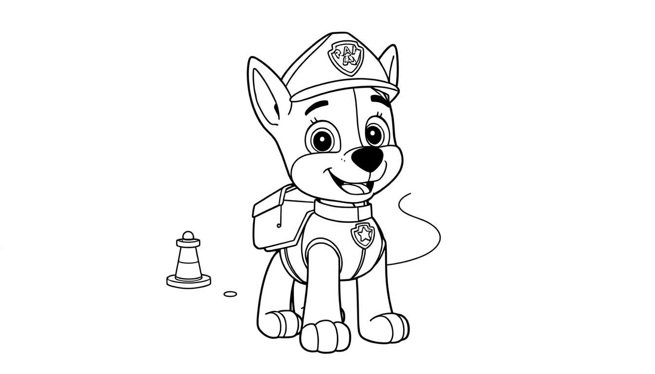 A black and white Paw Patrol color panel of Chase sitting down, wearing his police uniform, and smiling with a cone beside him.