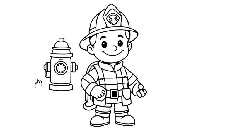 A happy young firefighter in a black and white outline color panel, standing beside a fire hydrant, ready for action.