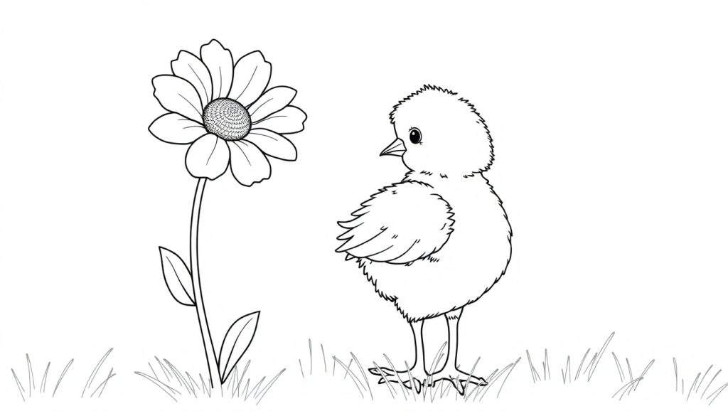 A cute chick is about to peck at a flower, in a simple black and white outline for a color panel.