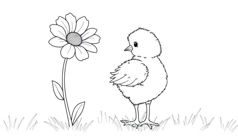 A cute chick is about to peck at a flower, in a simple black and white outline for a color panel.