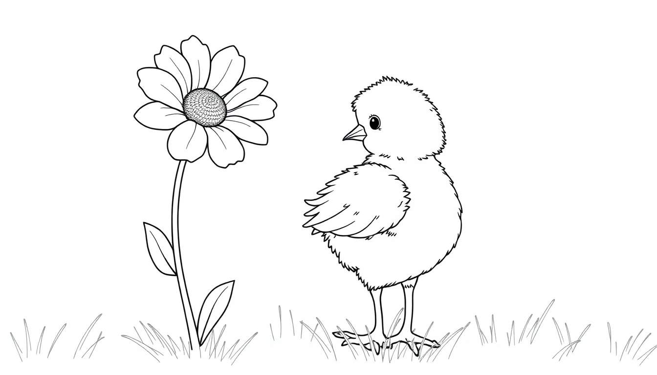 A cute chick is about to peck at a flower, in a simple black and white outline for a color panel.