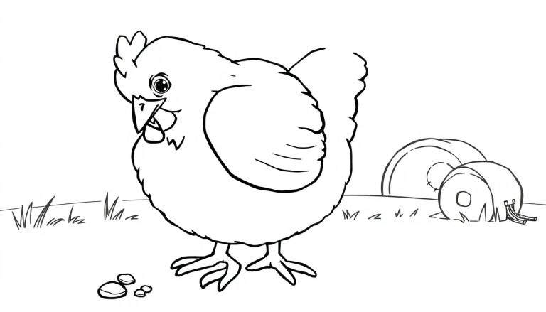 A cartoon chicken in a black and white color panel, pecking at the ground with hay bales behind it.