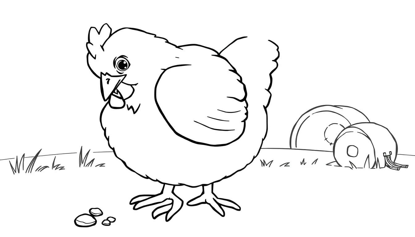 A cartoon chicken in a black and white color panel, pecking at the ground with hay bales behind it.