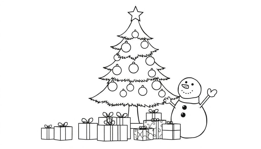 A cute black and white Christmas tree with presents underneath and a friendly snowman, perfect for a color panel.