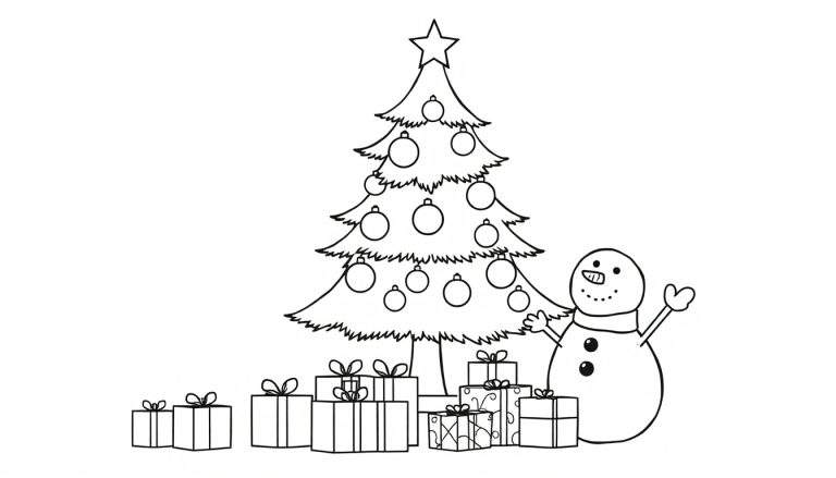 A cute black and white Christmas tree with presents underneath and a friendly snowman, perfect for a color panel.