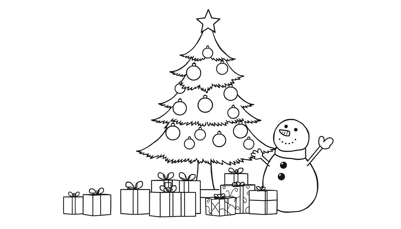 A cute black and white Christmas tree with presents underneath and a friendly snowman, perfect for a color panel.
