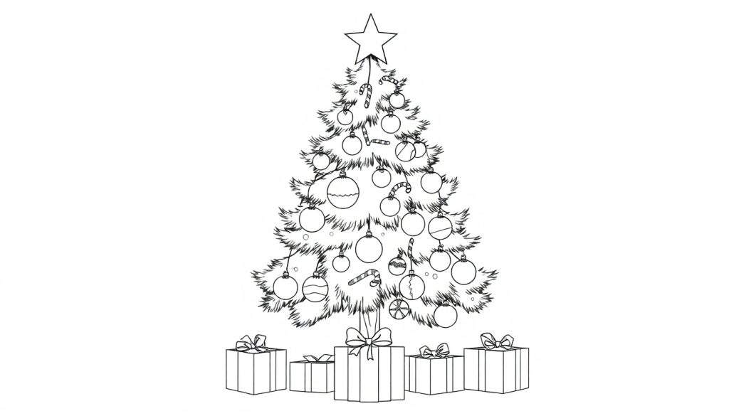 A happy Christmas tree color panel with ornaments and presents.