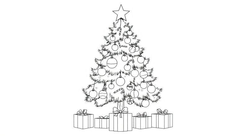 A happy Christmas tree color panel with ornaments and presents.