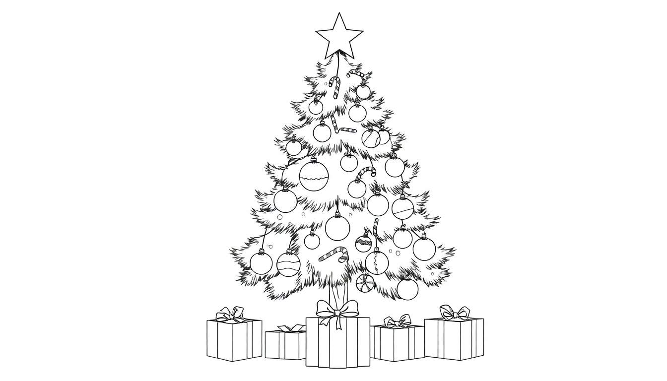 A happy Christmas tree color panel with ornaments and presents.