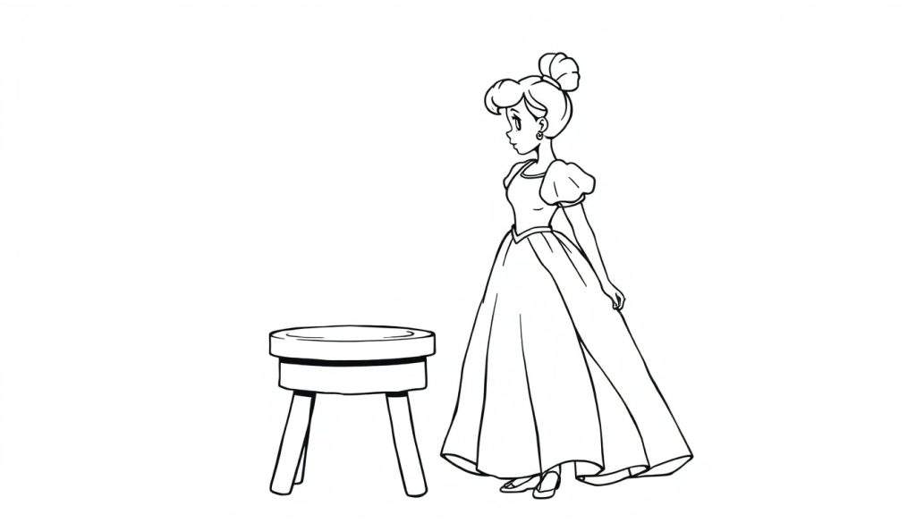 A young woman in a formal gown stands next to a stool, ready for a coloring panel.