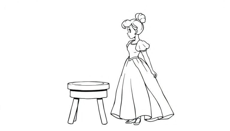 A young woman in a formal gown stands next to a stool, ready for a coloring panel.