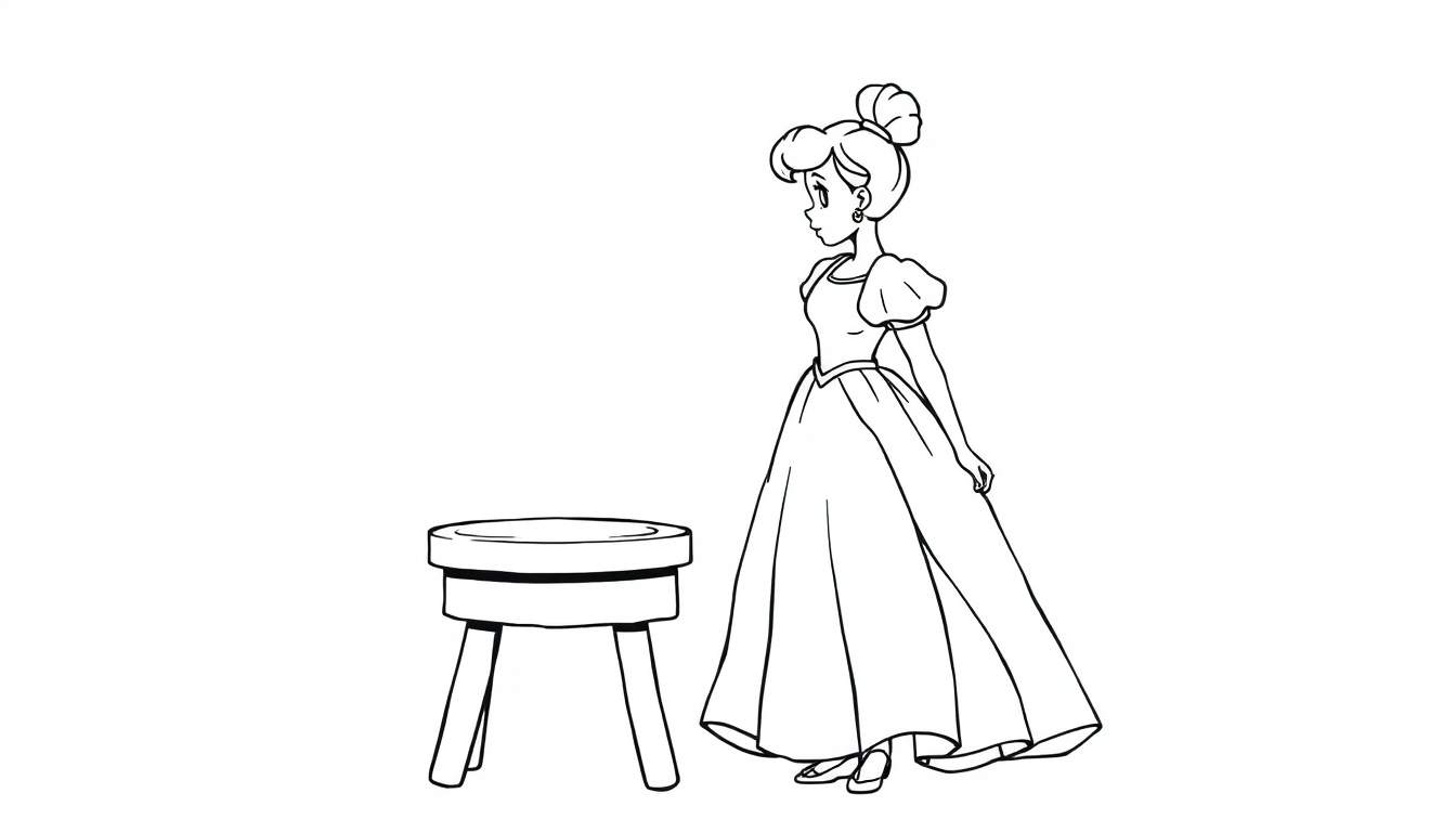 A young woman in a formal gown stands next to a stool, ready for a coloring panel.