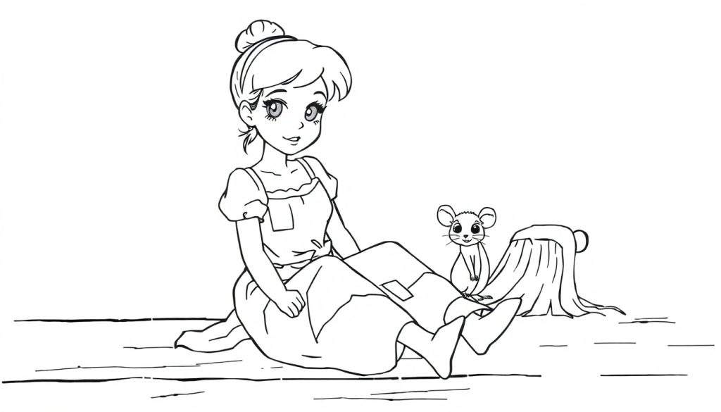 A black and white coloring page featuring Cinderella in rags with a little mouse friend, ready for coloring fun. This color panel invites creativity.