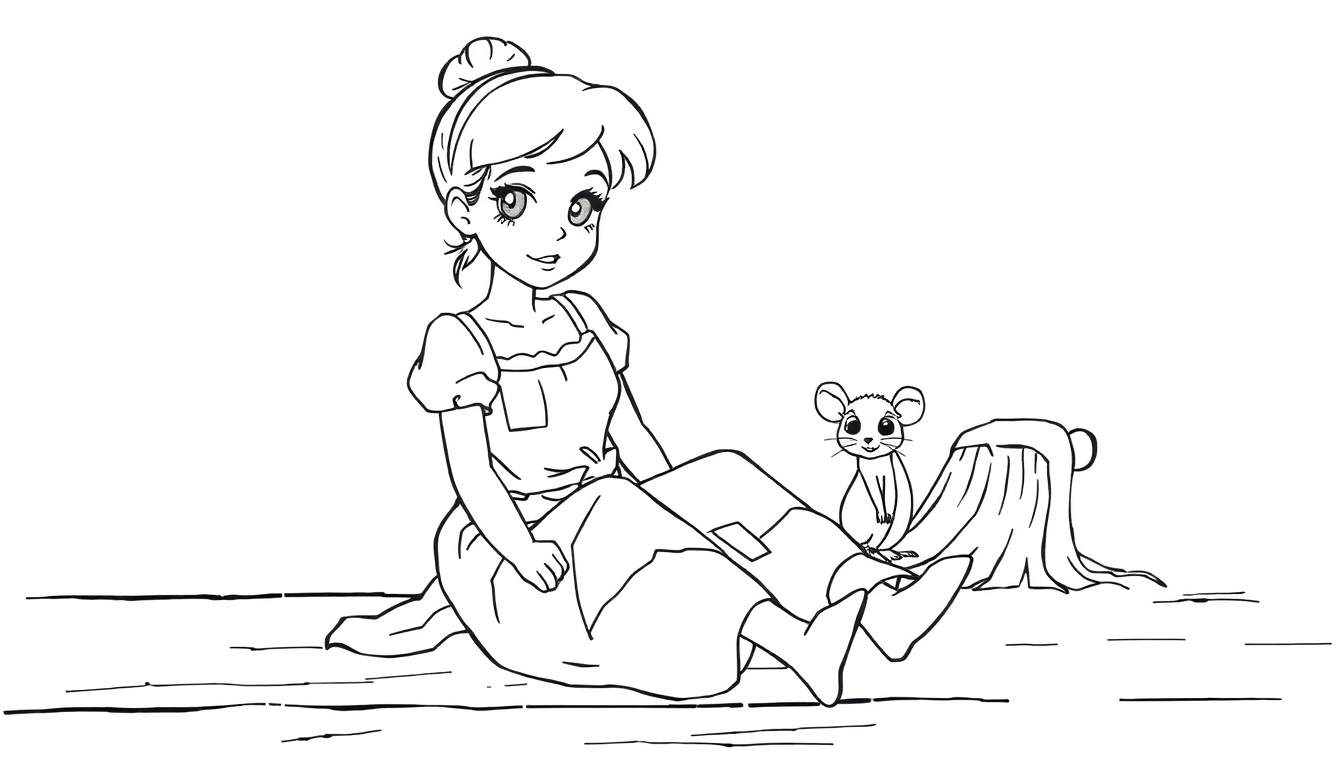 A black and white coloring page featuring Cinderella in rags with a little mouse friend, ready for coloring fun. This color panel invites creativity.